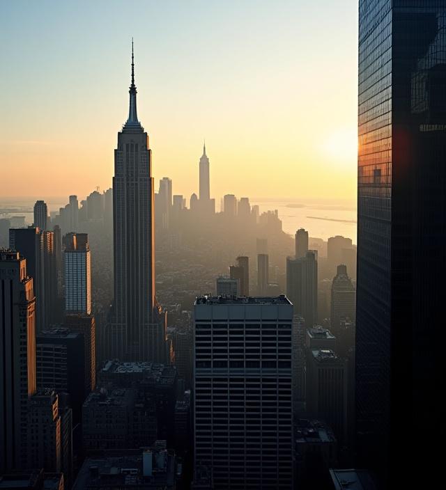 Sophisticated skyline of Manhattan financial district with professional overlay